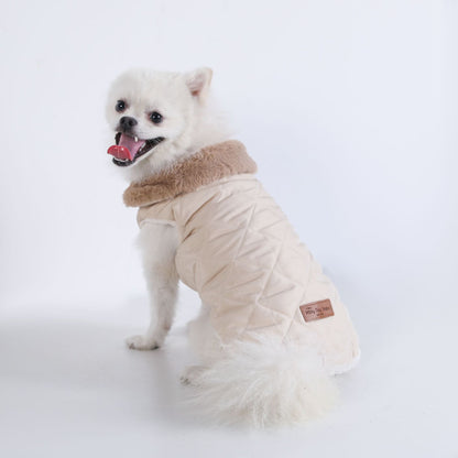 M Size Beige Winter Padded Cotton Dog Thermal Plaid Vest with Faux Fur Collar - Thick Fleece-Lined Warm Pet Jacket