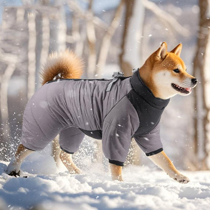 M Size Grey Winter Waterproof Dog 4 Leg Jumpsuit for Full Body Warmth - Reflective Windproof Pet Puffer Coat with Integrated Harness
