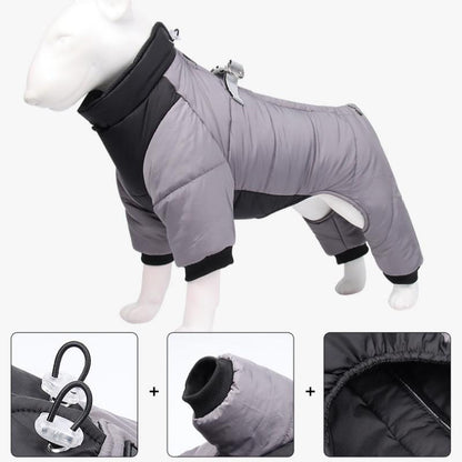 XL Size Grey Winter Waterproof Dog 4 Leg Jumpsuit for Full Body Warmth - Reflective Windproof Pet Puffer Coat with Integrated Harness