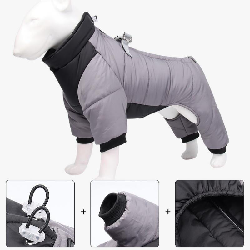 3XL Size Grey Winter Waterproof Dog 4 Leg Jumpsuit for Full Body Warmth - Reflective Windproof Pet Puffer Coat with Integrated Harness