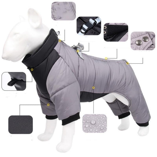 XL Size Orange Winter Waterproof Dog 4 Leg Jumpsuit for Full Body Warmth - Reflective Windproof Pet Puffer Coat with Integrated Harness