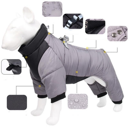3XL Size Blue Winter Waterproof Dog 4 Leg Jumpsuit for Full Body Warmth - Reflective Windproof Pet Puffer Coat with Integrated Harness