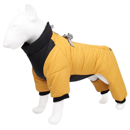 M Size Yellow Winter Waterproof Dog 4 Leg Jumpsuit for Full Body Warmth - Reflective Windproof Pet Puffer Coat with Integrated Harness