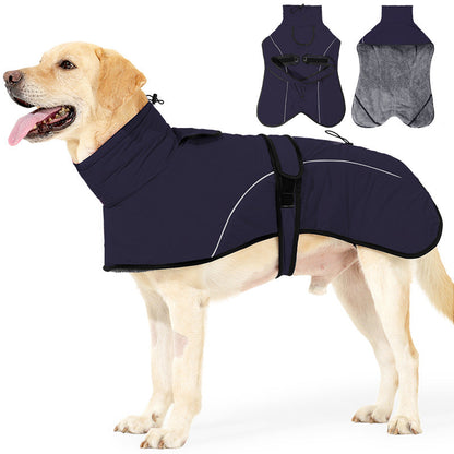 XL Size Dark Blue Winter Waterproof Dog Puffer Vest with Adjustable Neckline / Belt and Leash Access - Reflective Long-Pile Fleece Lined Warm Cloak