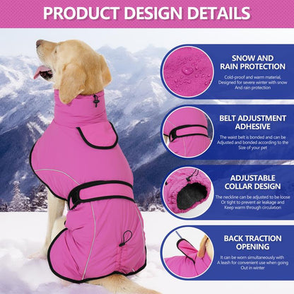 XL Size Dark Blue Winter Waterproof Dog Puffer Vest with Adjustable Neckline / Belt and Leash Access - Reflective Long-Pile Fleece Lined Warm Cloak