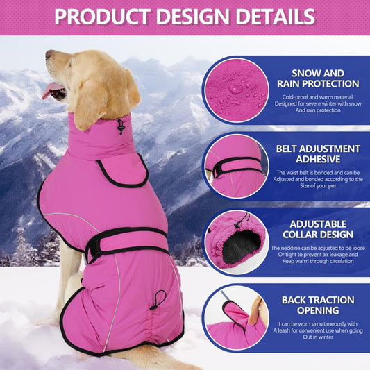 XL Size Dark Blue Winter Waterproof Dog Puffer Vest with Adjustable Neckline / Belt and Leash Access - Reflective Long-Pile Fleece Lined Warm Cloak
