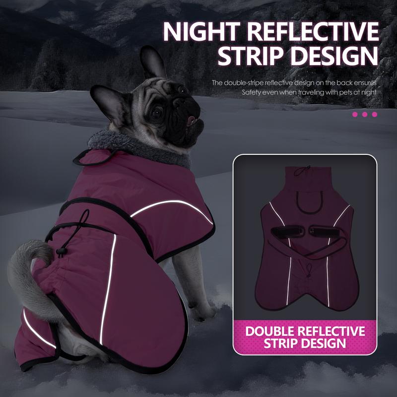 XL Size Dark Blue Winter Waterproof Dog Puffer Vest with Adjustable Neckline / Belt and Leash Access - Reflective Long-Pile Fleece Lined Warm Cloak