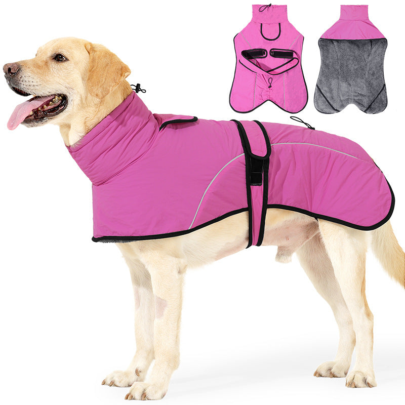 XL Size Rose Red Winter Waterproof Dog Puffer Vest with Adjustable Neckline / Belt and Leash Access - Reflective Long-Pile Fleece Lined Warm Cloak