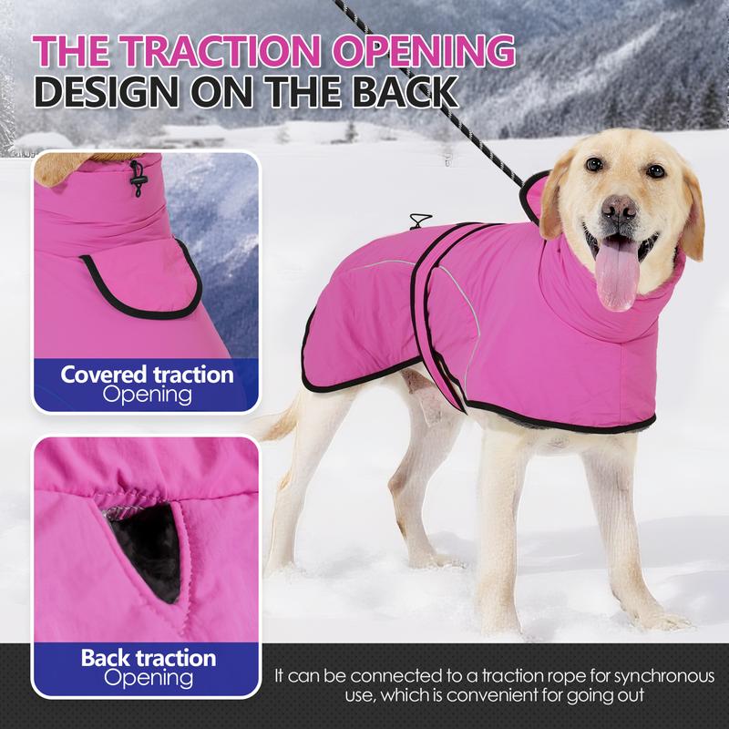 XL Size Rose Red Winter Waterproof Dog Puffer Vest with Adjustable Neckline / Belt and Leash Access - Reflective Long-Pile Fleece Lined Warm Cloak