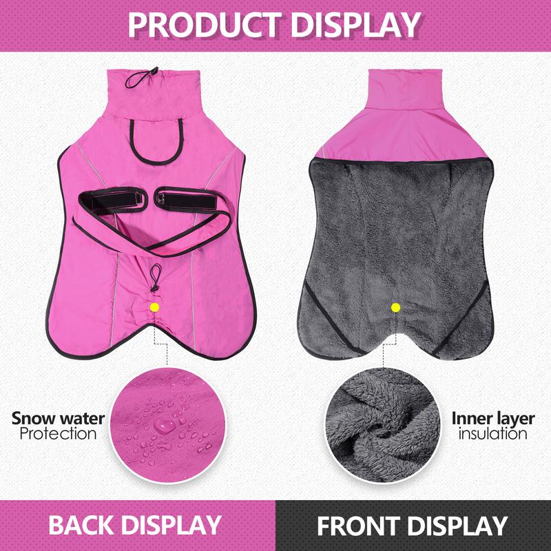 3XL Size Rose Red Winter Waterproof Dog Puffer Vest with Adjustable Neckline / Belt and Leash Access - Reflective Long-Pile Fleece Lined Warm Cloak