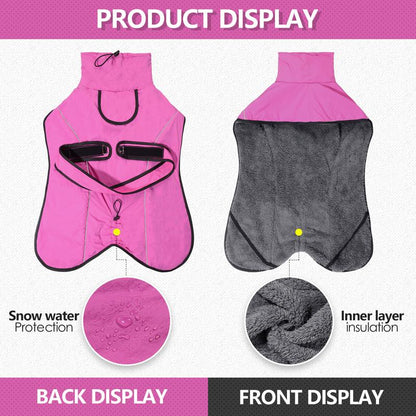 3XL Size Rose Red Winter Waterproof Dog Puffer Vest with Adjustable Neckline / Belt and Leash Access - Reflective Long-Pile Fleece Lined Warm Cloak
