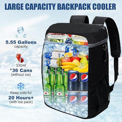 Dark Grey 5.55 Gallons Large Insulated Picnic Backpack with Multi Pockets & Leak-Proof Interior - Multifunctional Waterproof Thermal Lunch Bag for Camping, Hiking & Outdoor Travel