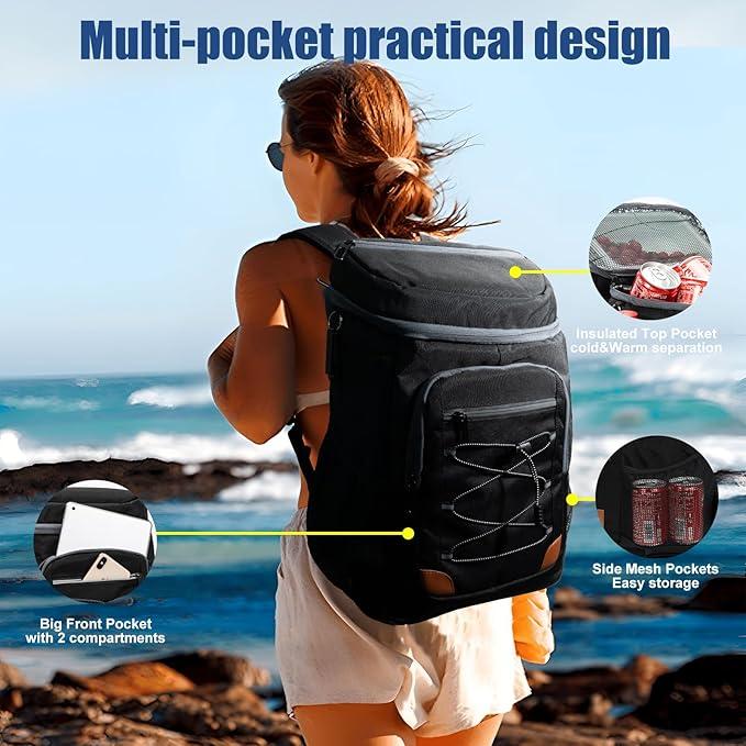 Dark Grey 5.55 Gallons Large Insulated Picnic Backpack with Multi Pockets & Leak-Proof Interior - Multifunctional Waterproof Thermal Lunch Bag for Camping, Hiking & Outdoor Travel