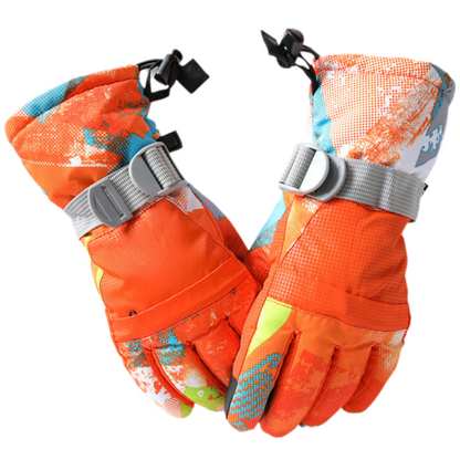 1-Pair Winter Waterproof Touchscreen Ski Gloves - Anti-Slip Thermal Mitts for Men & Women (Orange Graffiti Print)