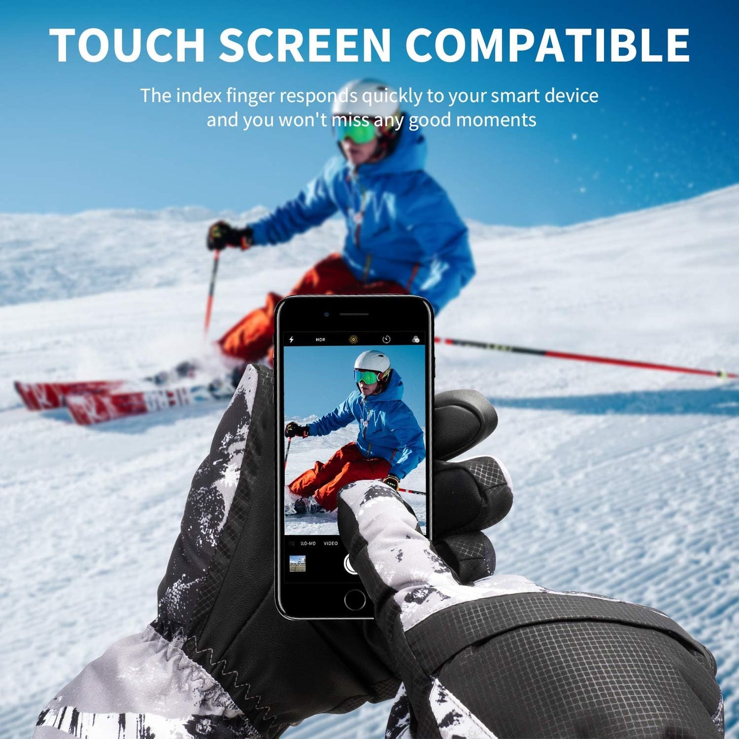 1-Pair Winter Waterproof Touchscreen Ski Gloves - Anti-Slip Thermal Mitts for Men & Women (Orange Graffiti Print)