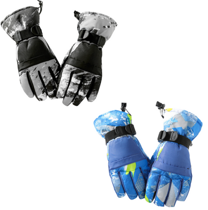 2-Pair Winter Waterproof Touchscreen Ski Gloves - Anti-Slip Thermal Mitts for Men & Women (Black & Blue Graffiti Print)