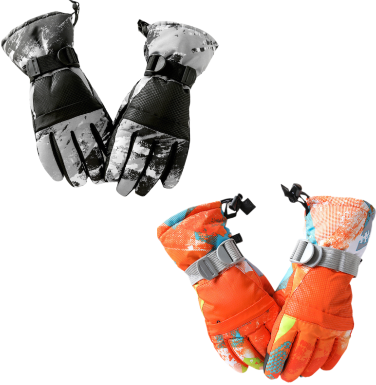 2-Pair Winter Waterproof Touchscreen Ski Gloves - Anti-Slip Thermal Mitts for Men & Women (Black & Orange Graffiti Print)