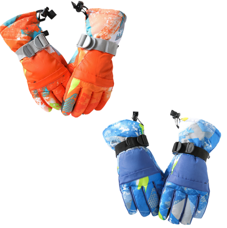 2-Pair Winter Waterproof Touchscreen Ski Gloves - Anti-Slip Thermal Mitts for Men & Women (Blue & Orange Graffiti Print)