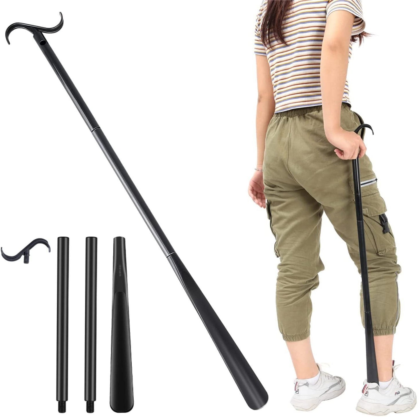 2-Pack Black Portable Dressing Aid Stick & Long-Handled Shoe Horn (3-Section Detachable) - Adjustable 62cm-88cm Dressing Hook for Seniors & Limited Mobility