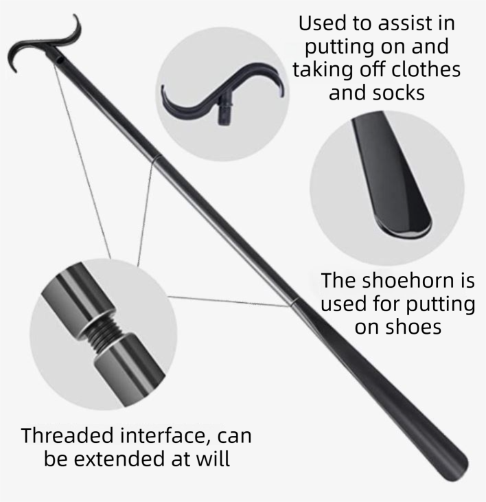 2-Pack Black Portable Dressing Aid Stick & Long-Handled Shoe Horn (3-Section Detachable) - Adjustable 62cm-88cm Dressing Hook for Seniors & Limited Mobility