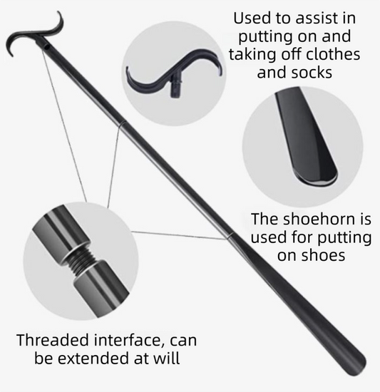 2-Pack Black Portable Dressing Aid Stick & Long-Handled Shoe Horn (3-Section Detachable) - Adjustable 62cm-88cm Dressing Hook for Seniors & Limited Mobility