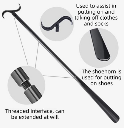 2-Pack White Portable Dressing Aid Stick & Long-Handled Shoe Horn (3-Section Detachable) - Adjustable 62cm-88cm Dressing Hook for Seniors & Limited Mobility