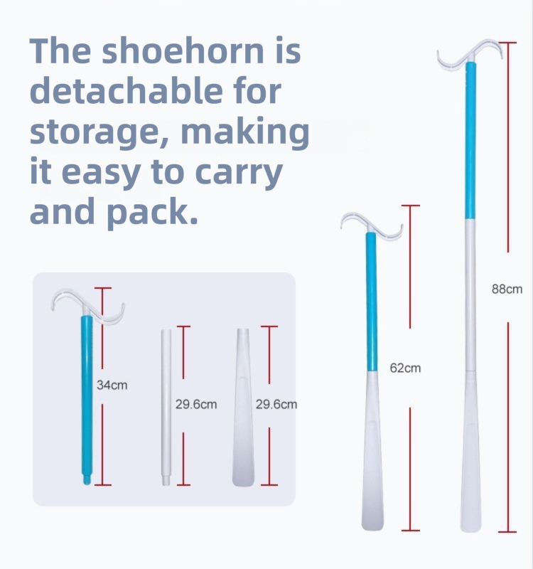 2-Pack White Portable Dressing Aid Stick & Long-Handled Shoe Horn (3-Section Detachable) - Adjustable 62cm-88cm Dressing Hook for Seniors & Limited Mobility