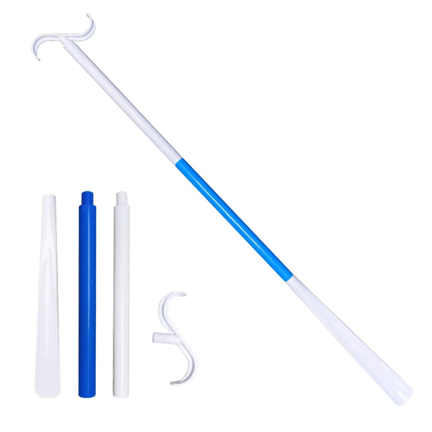 2-Pack White Blue Portable Dressing Aid Stick & Long-Handled Shoe Horn (3-Section Detachable) - Adjustable 62cm-88cm Dressing Hook for Seniors & Limited Mobility
