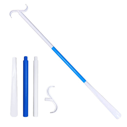 2-Pack White Blue Portable Dressing Aid Stick & Long-Handled Shoe Horn (3-Section Detachable) - Adjustable 62cm-88cm Dressing Hook for Seniors & Limited Mobility