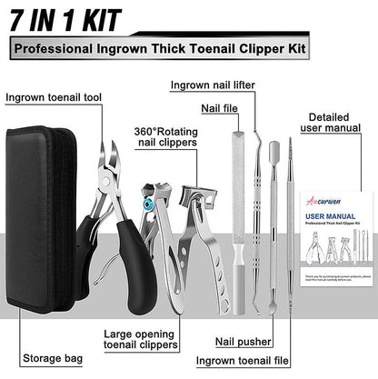 7-Piece Professional Ingrown Toenail Tool Kit - Stainless Steel Precision Pedicure Set with Black Eagle-Nose Clippers & Leather Storage Case