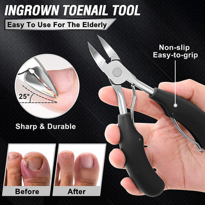7-Piece Professional Ingrown Toenail Tool Kit - Stainless Steel Precision Pedicure Set with Black Eagle-Nose Clippers & Leather Storage Case