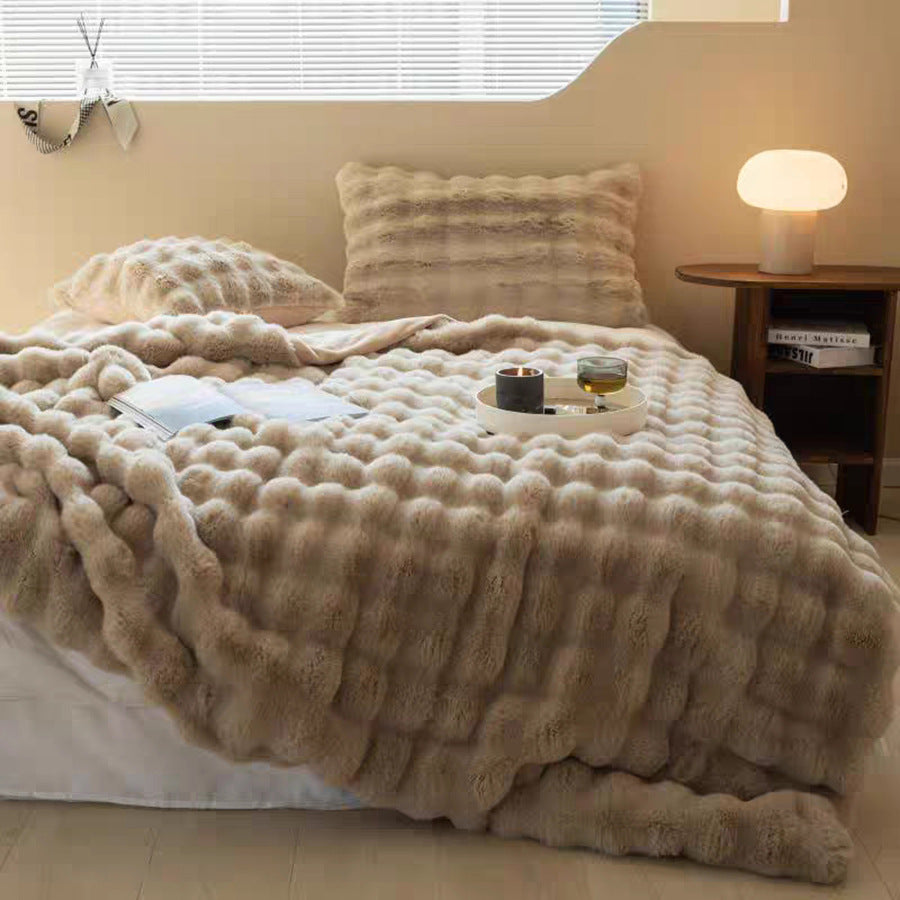 Brown Luxury Tuscany Fleece Rabbit Fur Bubble Blanket (180 x 200 CM) - Double-Sided Thickened Soft Plush Bedding & Large Bed Blanket