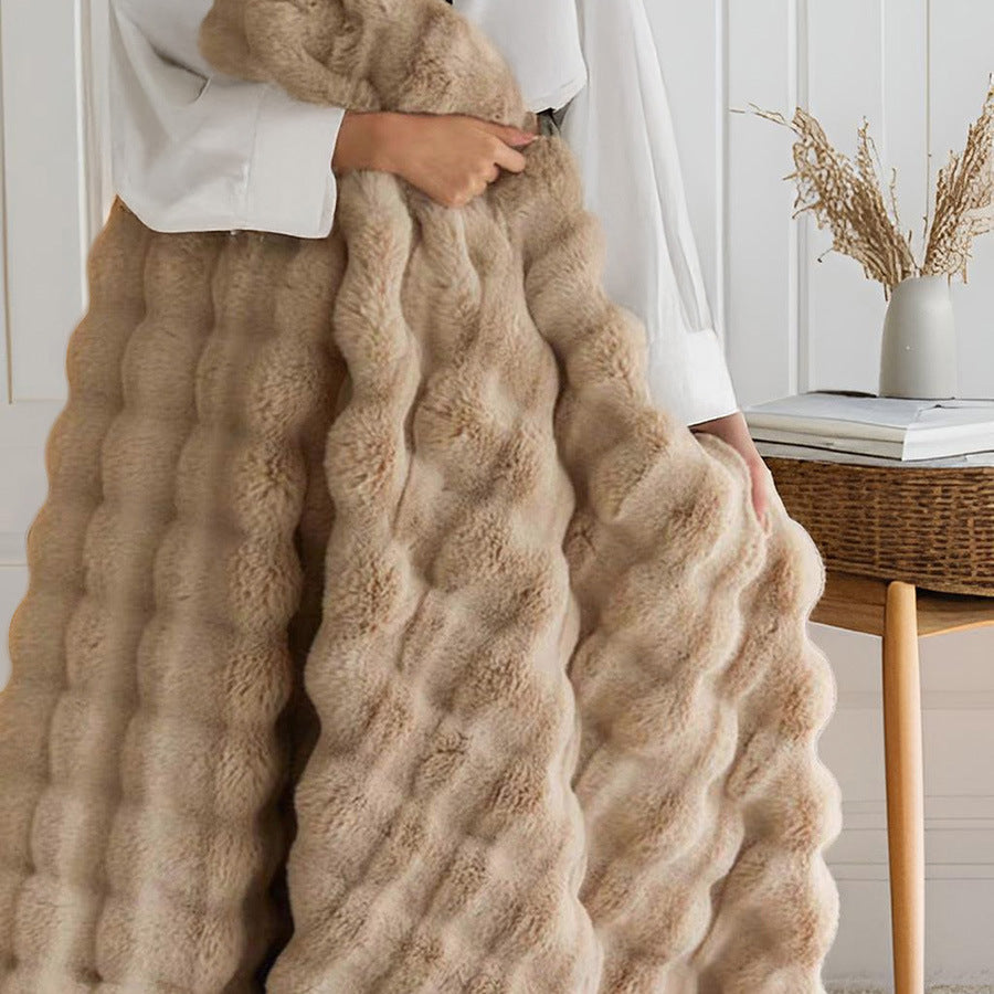 Brown Luxury Tuscany Fleece Rabbit Fur Bubble Blanket (200 x 230 CM) - Double-Sided Thickened Soft Plush Bedding & Extra Large Bed Blanket