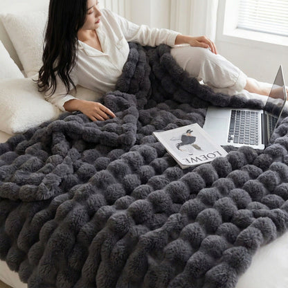 Black Grey Luxury Tuscany Fleece Rabbit Fur Bubble Blanket (180 x 200 CM) - Double-Sided Thickened Soft Plush Bedding & Large Bed Blanket