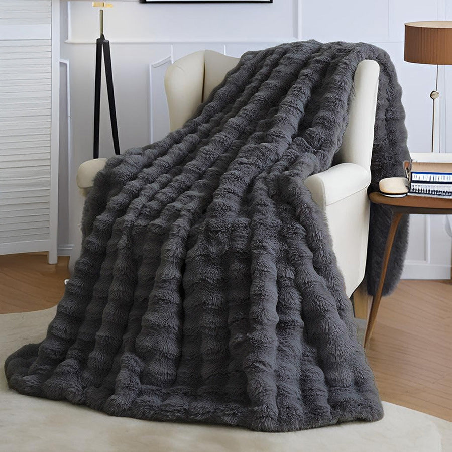 Black Grey Luxury Tuscany Fleece Rabbit Fur Bubble Blanket (180 x 200 CM) - Double-Sided Thickened Soft Plush Bedding & Large Bed Blanket