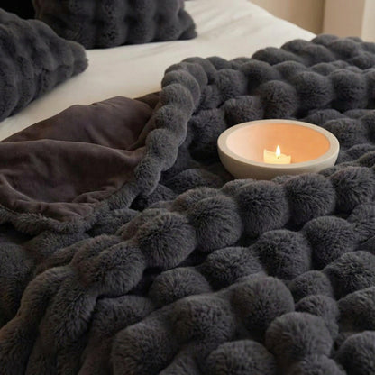 Black Grey Luxury Tuscany Fleece Rabbit Fur Bubble Blanket (200 x 230 CM) - Double-Sided Thickened Soft Plush Bedding & Extra Large Bed Blanket