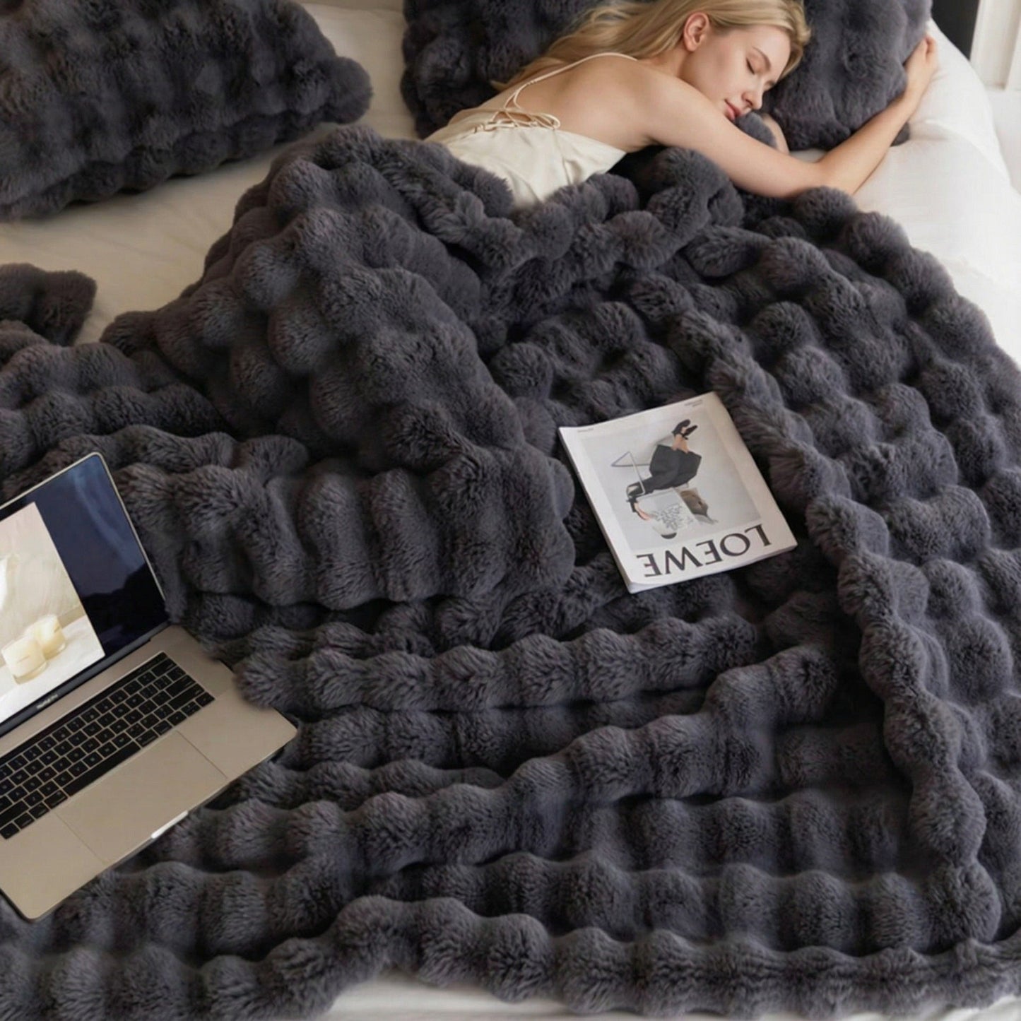 Black Grey Luxury Tuscany Fleece Rabbit Fur Bubble Blanket - Double-Sided Thickened Soft Plush Extra Large Bedding Set(200x230 CM Large Blanket + 2 Pack 45x45 CM Cushion Cover)