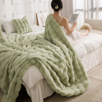 Green Luxury Tuscany Fleece Rabbit Fur Bubble Blanket (200 x 230 CM) - Double-Sided Thickened Soft Plush Bedding & Extra Large Bed Blanket