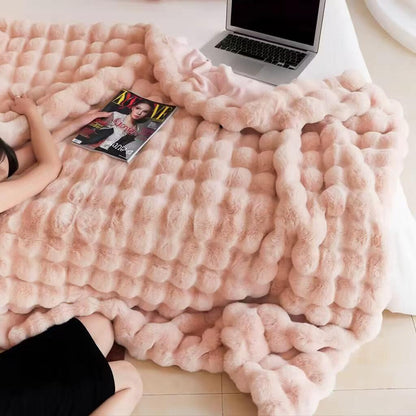 Pink Luxury Tuscany Fleece Rabbit Fur Bubble Blanket (140 x 200 CM) - Double-Sided Thickened Soft Plush Bedding & Sofa Throw