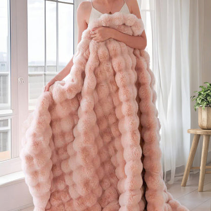 Pink Luxury Tuscany Fleece Rabbit Fur Bubble Blanket (180 x 200 CM) - Double-Sided Thickened Soft Plush Bedding & Large Bed Blanket