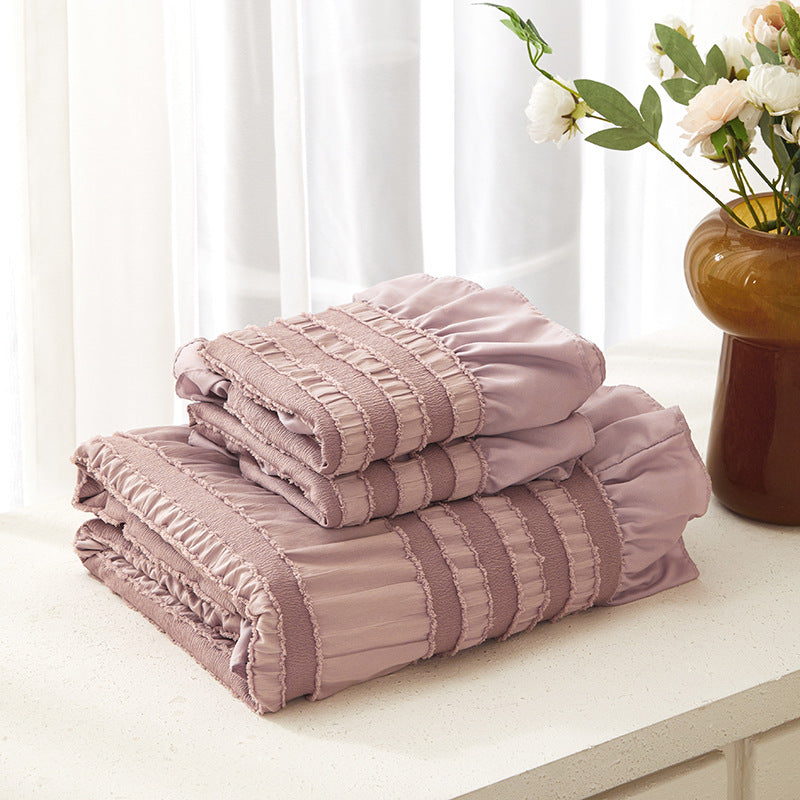 Pink Elegant Ruffle Seersucker Duvet Cover with 2PCS Pillow Shams - 3-Piece Vertical Stripe Clipped Floral Textured Bedding (Full Size 200 x 229 CM)