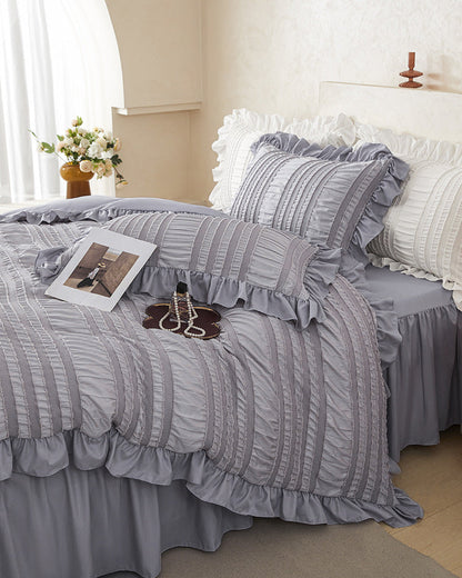 Pink Elegant Ruffle Seersucker Duvet Cover with 2PCS Pillow Shams - 3-Piece Vertical Stripe Clipped Floral Textured Bedding (Queen Size 229 x 229 CM)