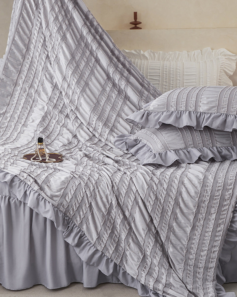 Pink Elegant Ruffle Seersucker Duvet Cover with 2PCS Pillow Shams - 3-Piece Vertical Stripe Clipped Floral Textured Bedding (Queen Size 229 x 229 CM)