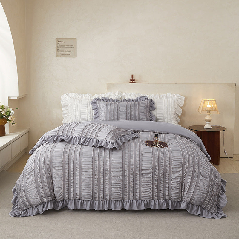 Grey Elegant Ruffle Seersucker Duvet Cover with 2PCS Pillow Shams - 3-Piece Vertical Stripe Clipped Floral Textured Bedding (Twin Size 168 x 229 CM)