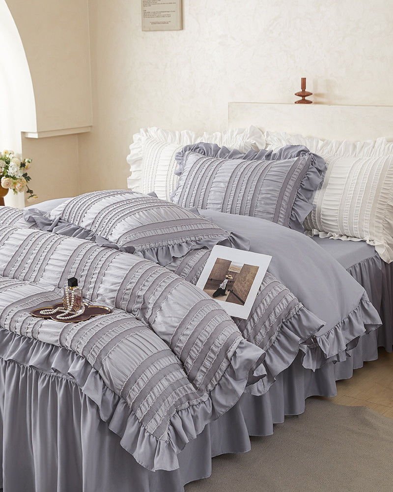 Grey Elegant Ruffle Seersucker Duvet Cover with 2PCS Pillow Shams - 3-Piece Vertical Stripe Clipped Floral Textured Bedding (Twin Size 168 x 229 CM)