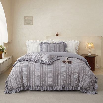 Grey Elegant Ruffle Seersucker Duvet Cover with 2PCS Pillow Shams - 3-Piece Vertical Stripe Clipped Floral Textured Bedding (Full Size 200 x 229 CM)