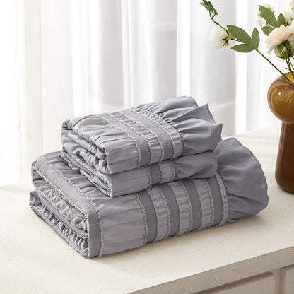 Grey Elegant Ruffle Seersucker Duvet Cover with 2PCS Pillow Shams - 3-Piece Vertical Stripe Clipped Floral Textured Bedding (Full Size 200 x 229 CM)