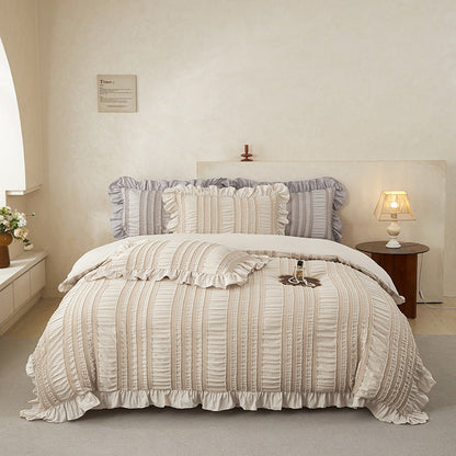Beige Elegant Ruffle Seersucker Duvet Cover with 2PCS Pillow Shams - 3-Piece Vertical Stripe Clipped Floral Textured Bedding (Full Size 200 x 229 CM)