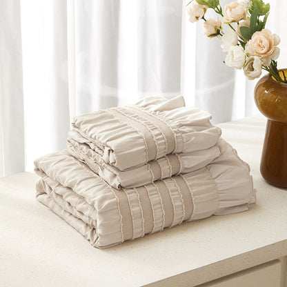 Beige Elegant Ruffle Seersucker Duvet Cover with 2PCS Pillow Shams - 3-Piece Vertical Stripe Clipped Floral Textured Bedding (King Size 264 x 229 CM)