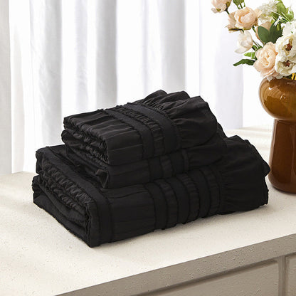 Black Elegant Ruffle Seersucker Duvet Cover with 2PCS Pillow Shams - 3-Piece Vertical Stripe Clipped Floral Textured Bedding (Full Size 200 x 229 CM)